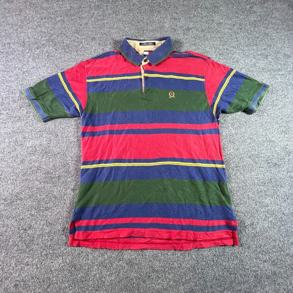 Vintage 90s Tommy Hilfiger Polo Shirt Mens L Red Striped Cotton Golf Performance